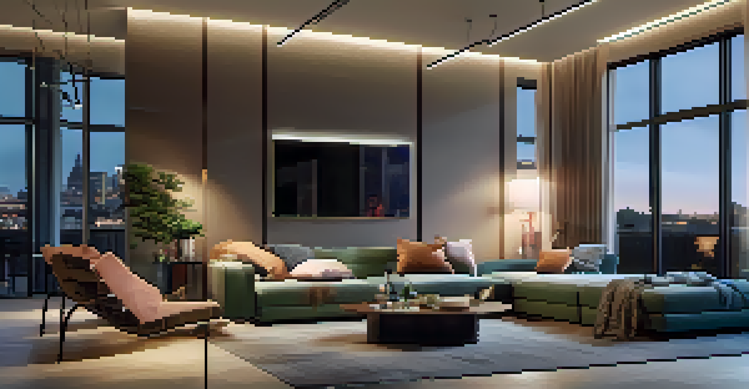 A modern living room featuring smart lighting with color-changing bulbs, string lights, and art illuminated by spotlights.