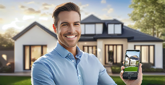 A real estate agent smiling in front of a modern house, holding a smartphone displaying a virtual property tour.
