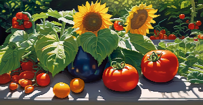 A bright garden filled with sunflowers and tomatoes, basking in sunlight with healthy soil and lush greenery.