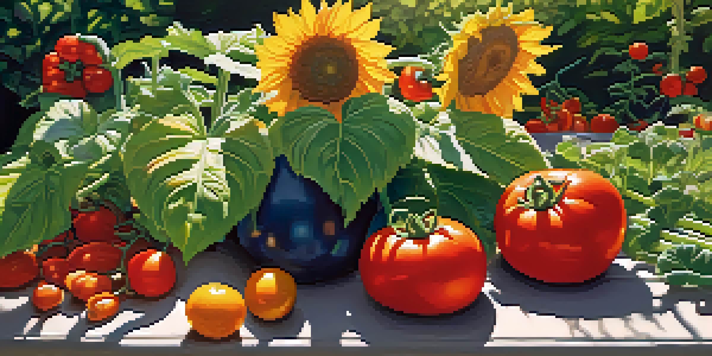 A bright garden filled with sunflowers and tomatoes, basking in sunlight with healthy soil and lush greenery.