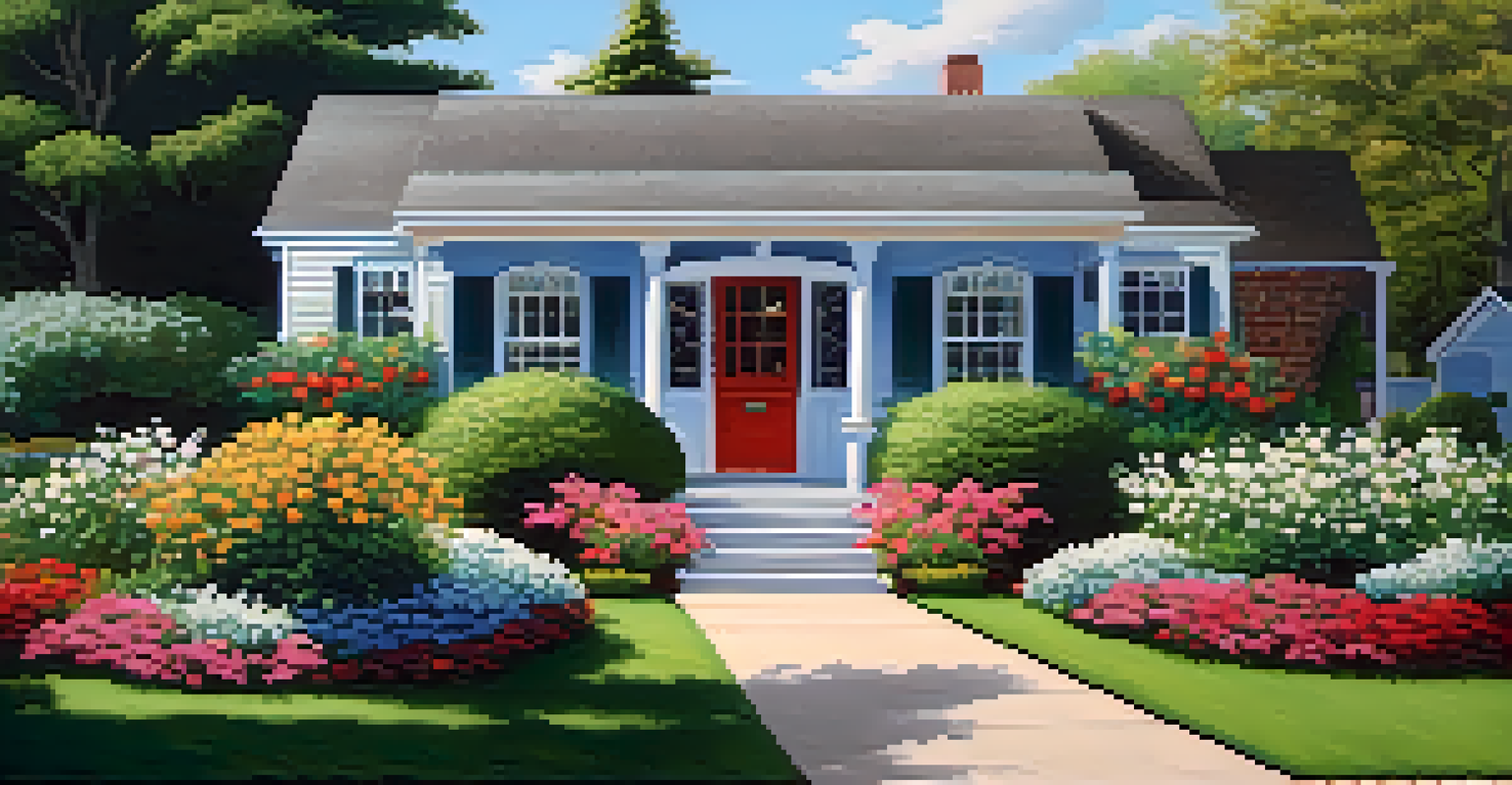A suburban home with a garden, showcasing a front porch and colorful flowers under a clear blue sky.