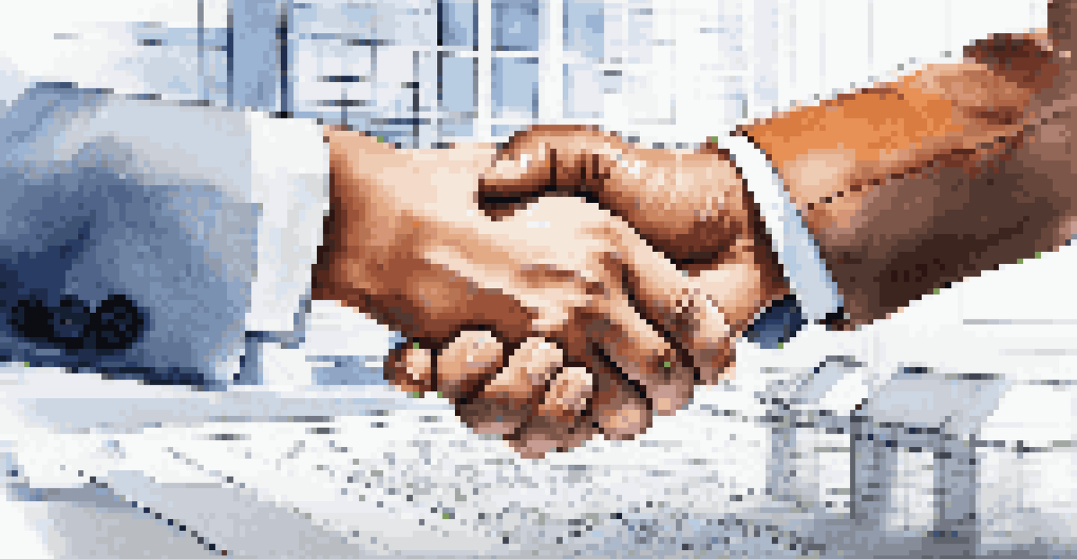 Close-up of a handshake between a real estate agent and a client in a modern office, symbolizing trust.