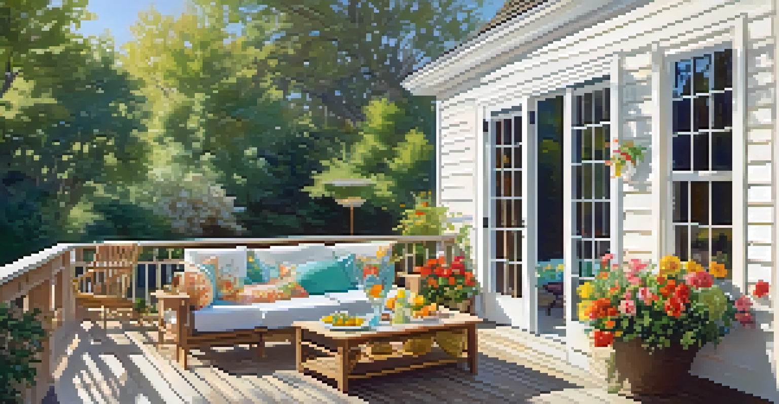 A sunny outdoor summer deck with flowers and seating, set for a family gathering, exuding a cheerful atmosphere.
