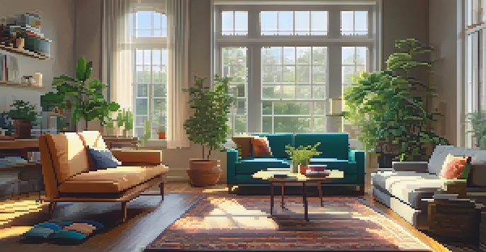 A cozy living room with a sofa, coffee table, and houseplants bathed in sunlight.