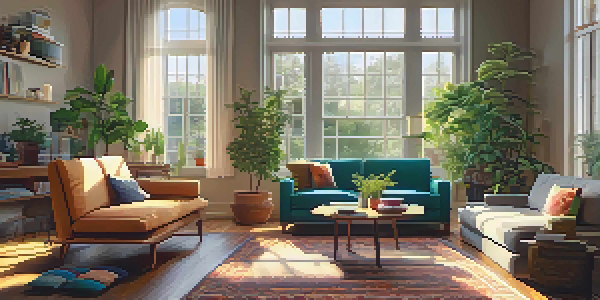 A cozy living room with a sofa, coffee table, and houseplants bathed in sunlight.