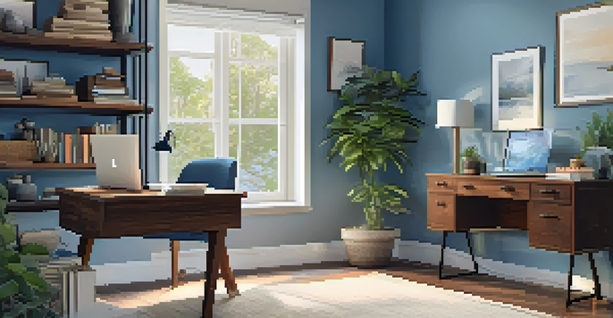 A tranquil home office with a desk, laptop, potted plant, and bookshelf bathed in natural light.