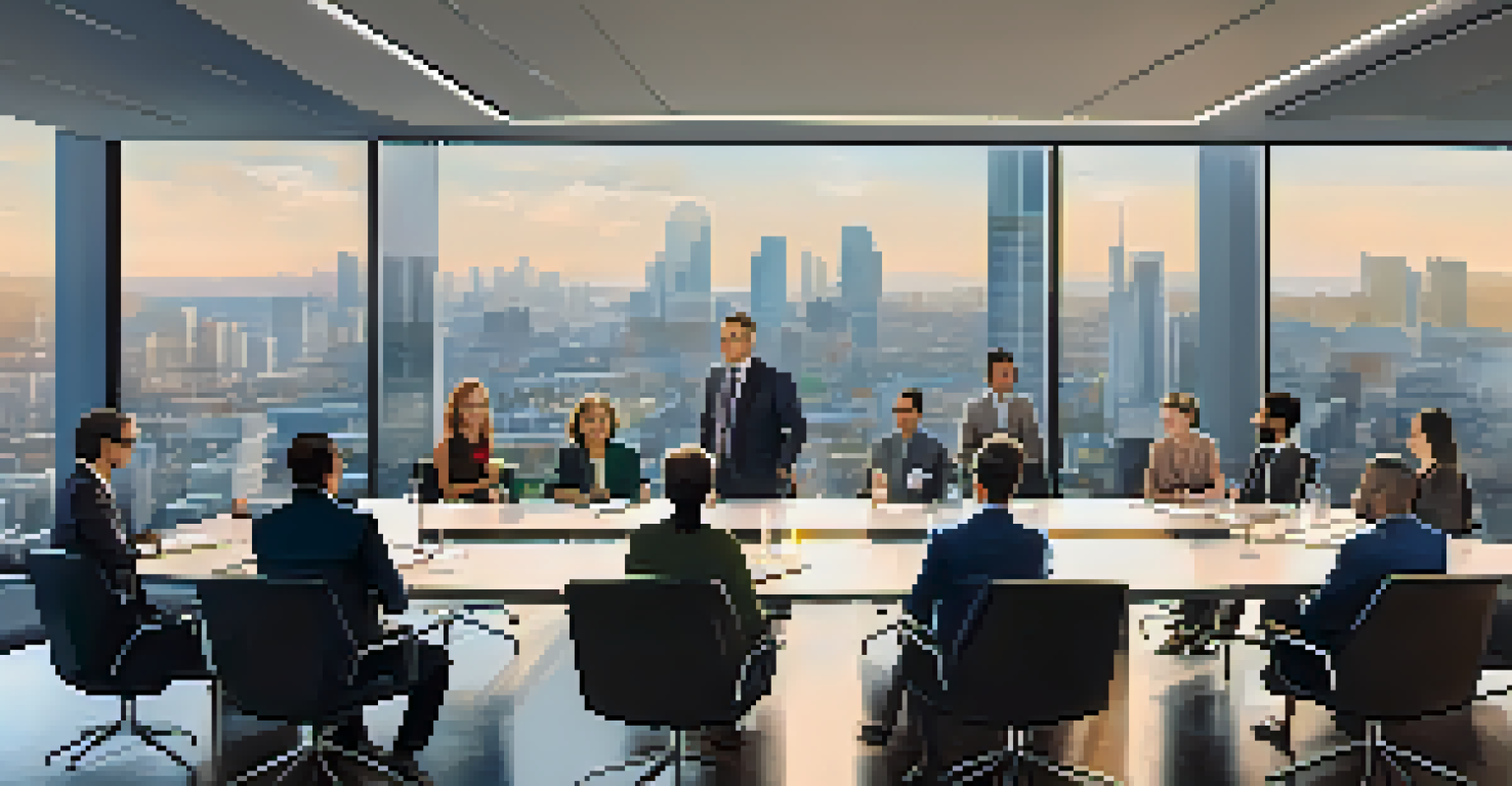 A modern conference room with a long table and city view, depicting professionals engaged in a meeting with laptops and charts.