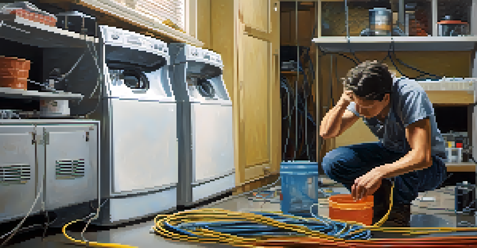 A person carefully checking the electrical connections of an appliance in a well-lit laundry room.