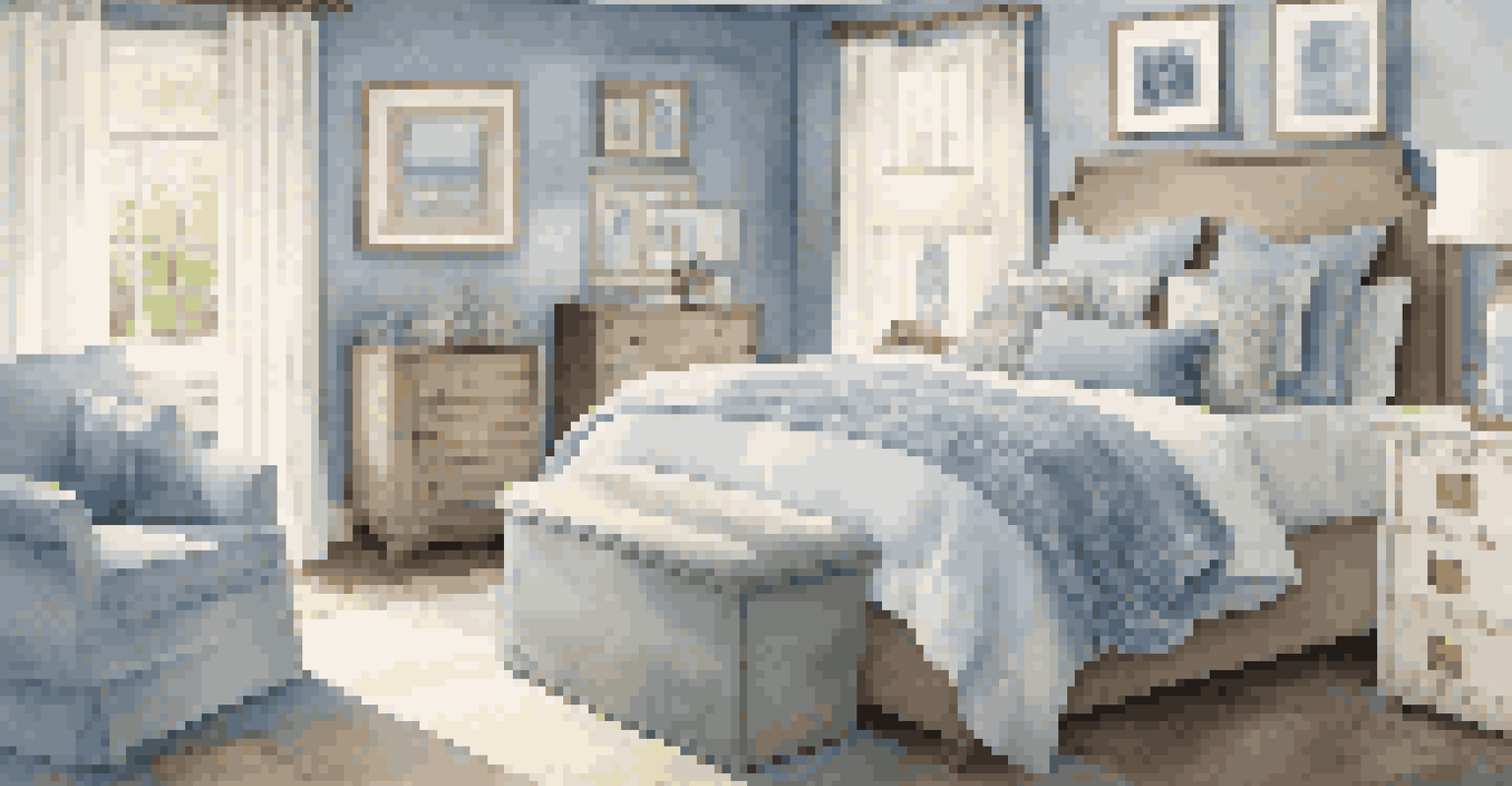 A calming bedroom with soft colors and personalized decor, including handmade quilts and family photos.