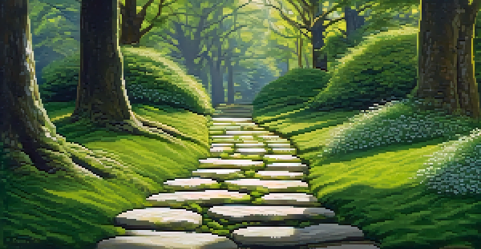 A garden path with rustic stone stepping stones surrounded by greenery and moss, illuminated by sunlight.