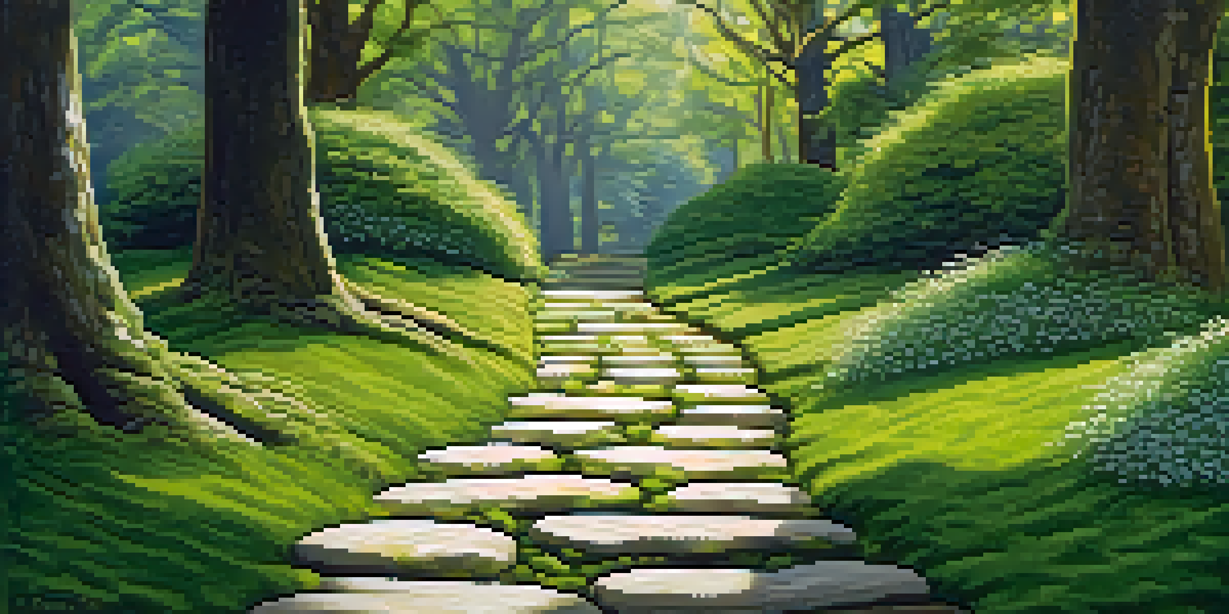 A garden path with rustic stone stepping stones surrounded by greenery and moss, illuminated by sunlight.