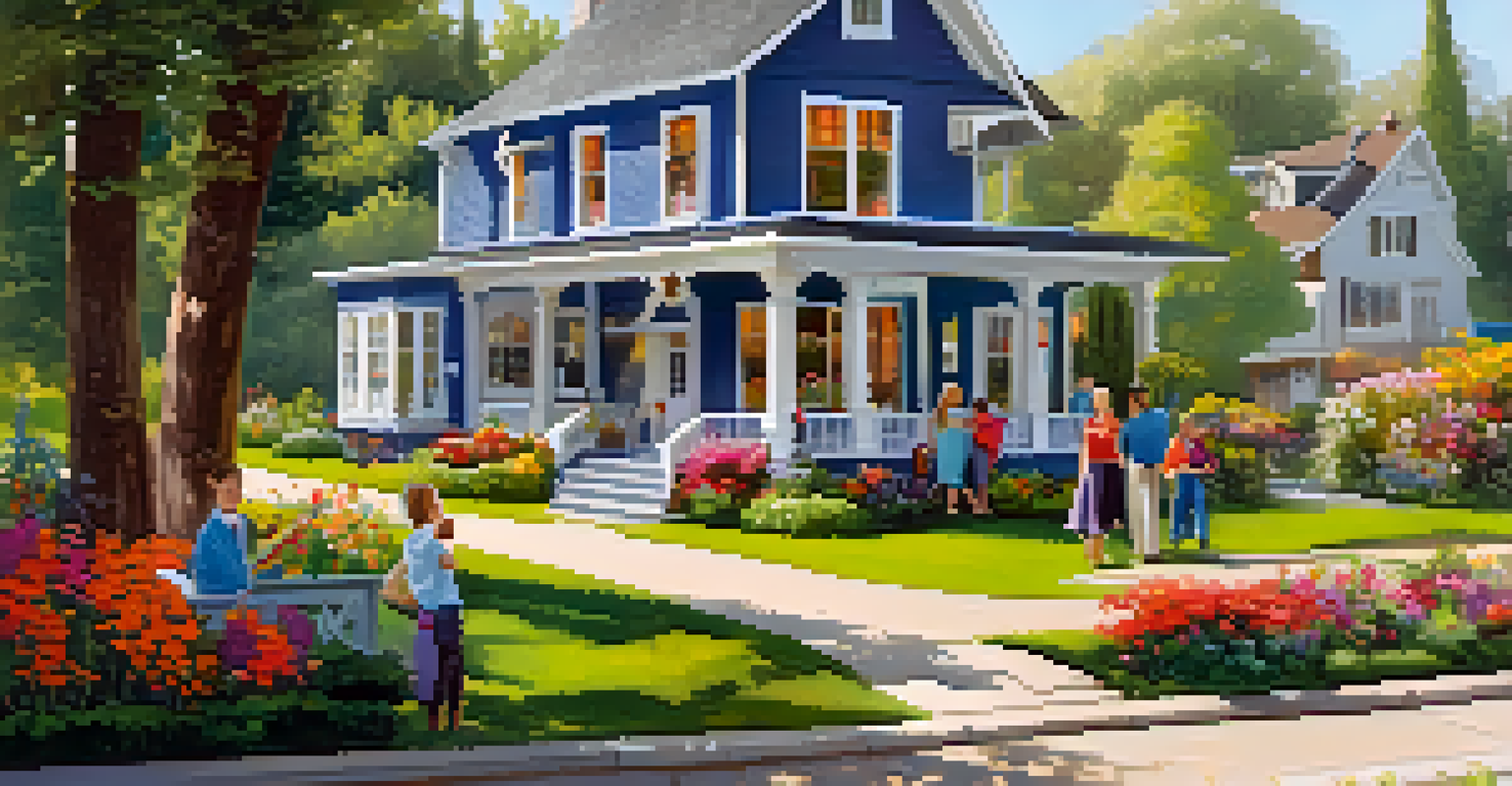 A charming house with a 'For Sale' sign, surrounded by flowers, with a family discussing offers in the background.