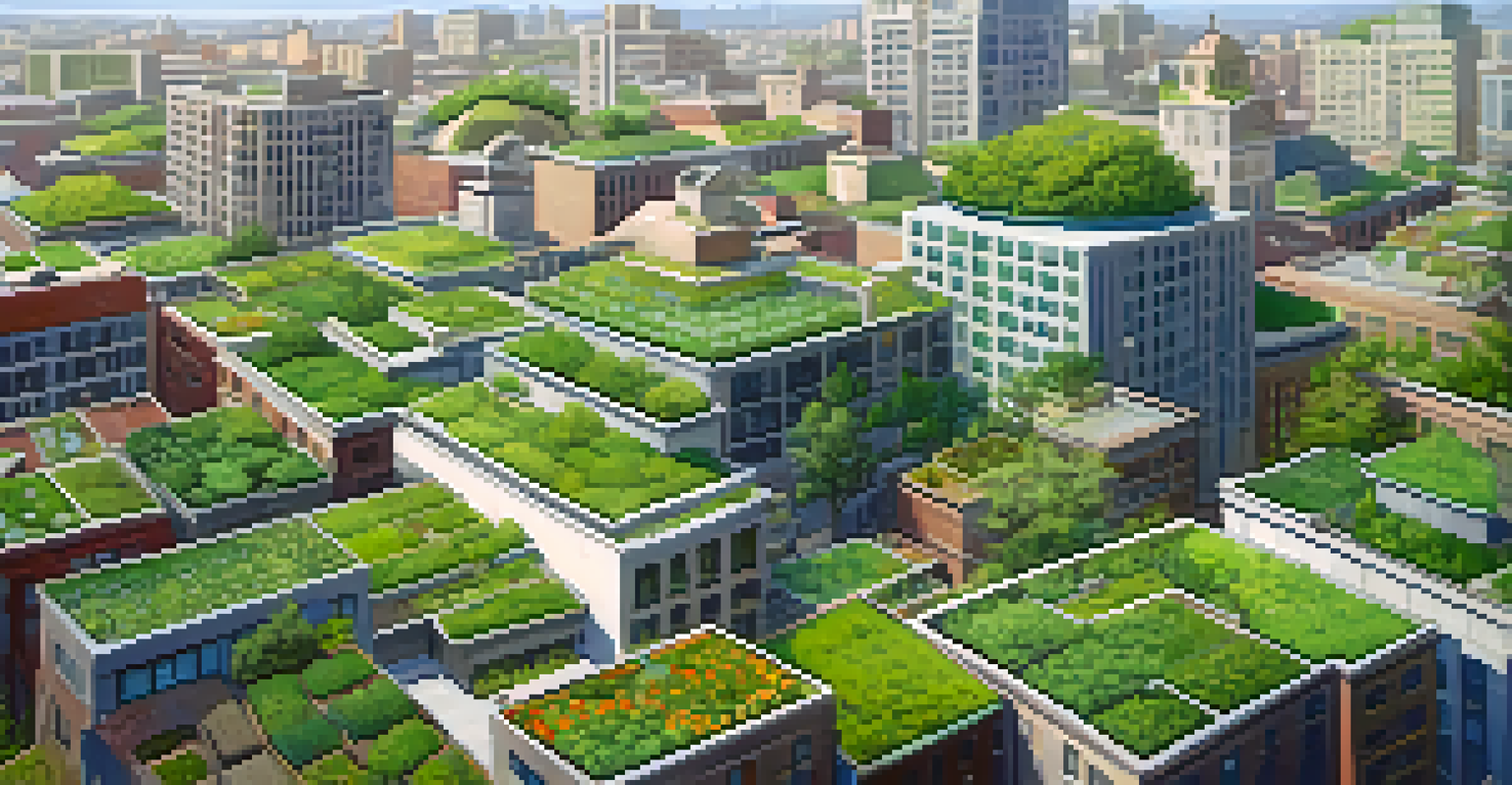 Aerial view of a city with multiple buildings having green roofs, showcasing a variety of plants and flowers in an urban setting.