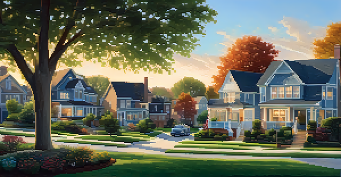 A peaceful neighborhood with beautiful houses, green lawns, and neighbors socializing in a sunny park.