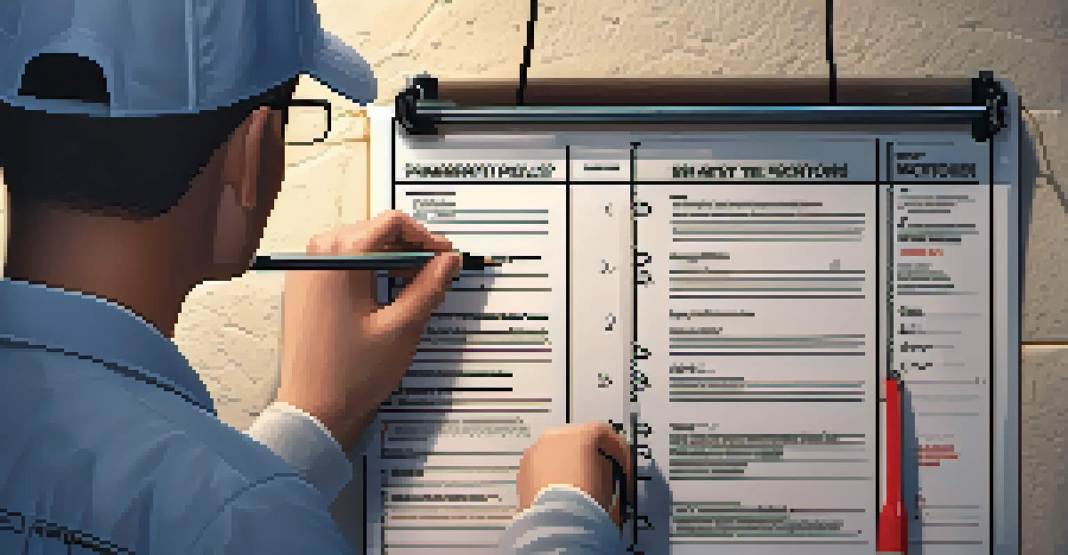 A close-up of a home inspector's hands holding a checklist while inspecting an electrical panel in a dimly lit basement.