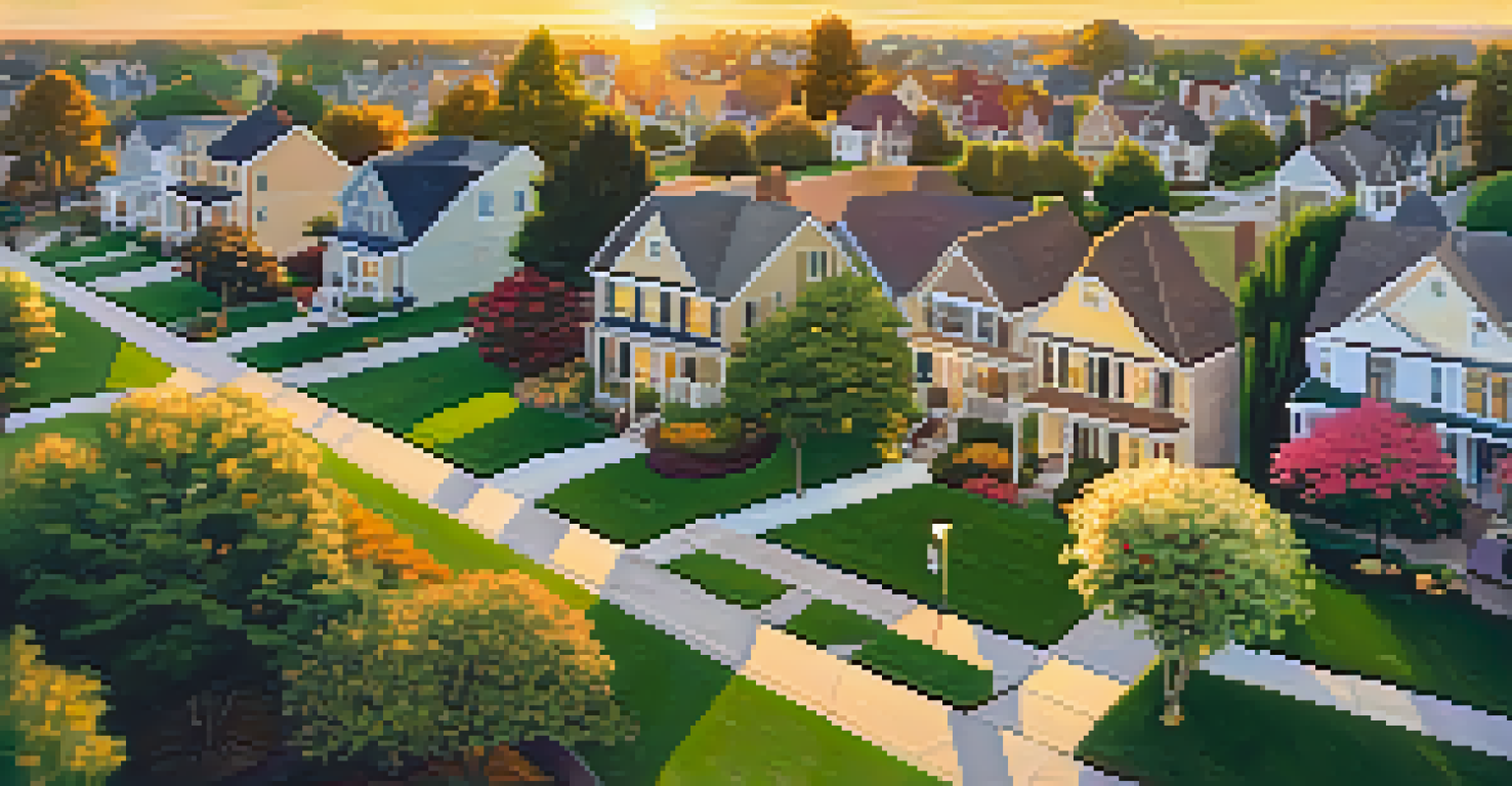 Aerial view of a vibrant neighborhood with well-kept homes, gardens, and children playing in a park at sunset.