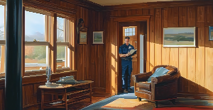 A property inspector closely examining a wall for cracks in a bright living room.