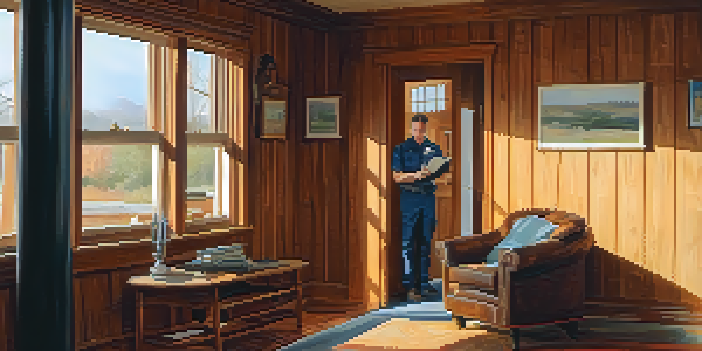 A property inspector closely examining a wall for cracks in a bright living room.