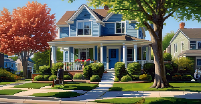 A peaceful suburban neighborhood with homes, a 'For Sale' sign, and a couple discussing their options under a bright blue sky.