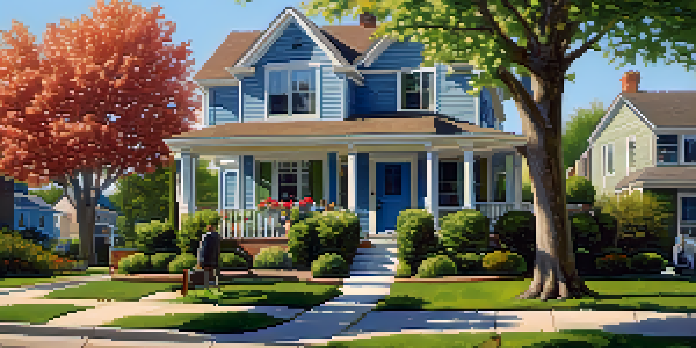 A peaceful suburban neighborhood with homes, a 'For Sale' sign, and a couple discussing their options under a bright blue sky.