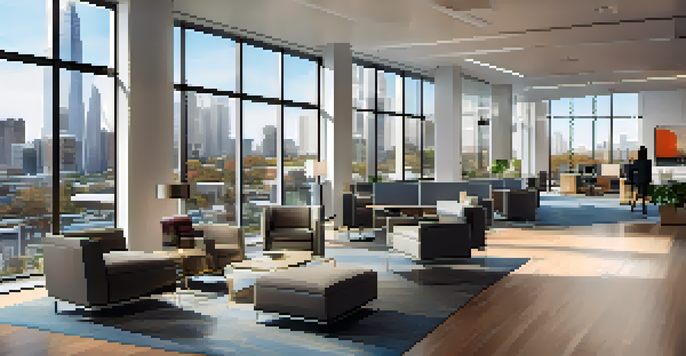 A bright and modern real estate office interior with large glass windows and a view of the city, featuring a reception area and analytical data on a computer screen.