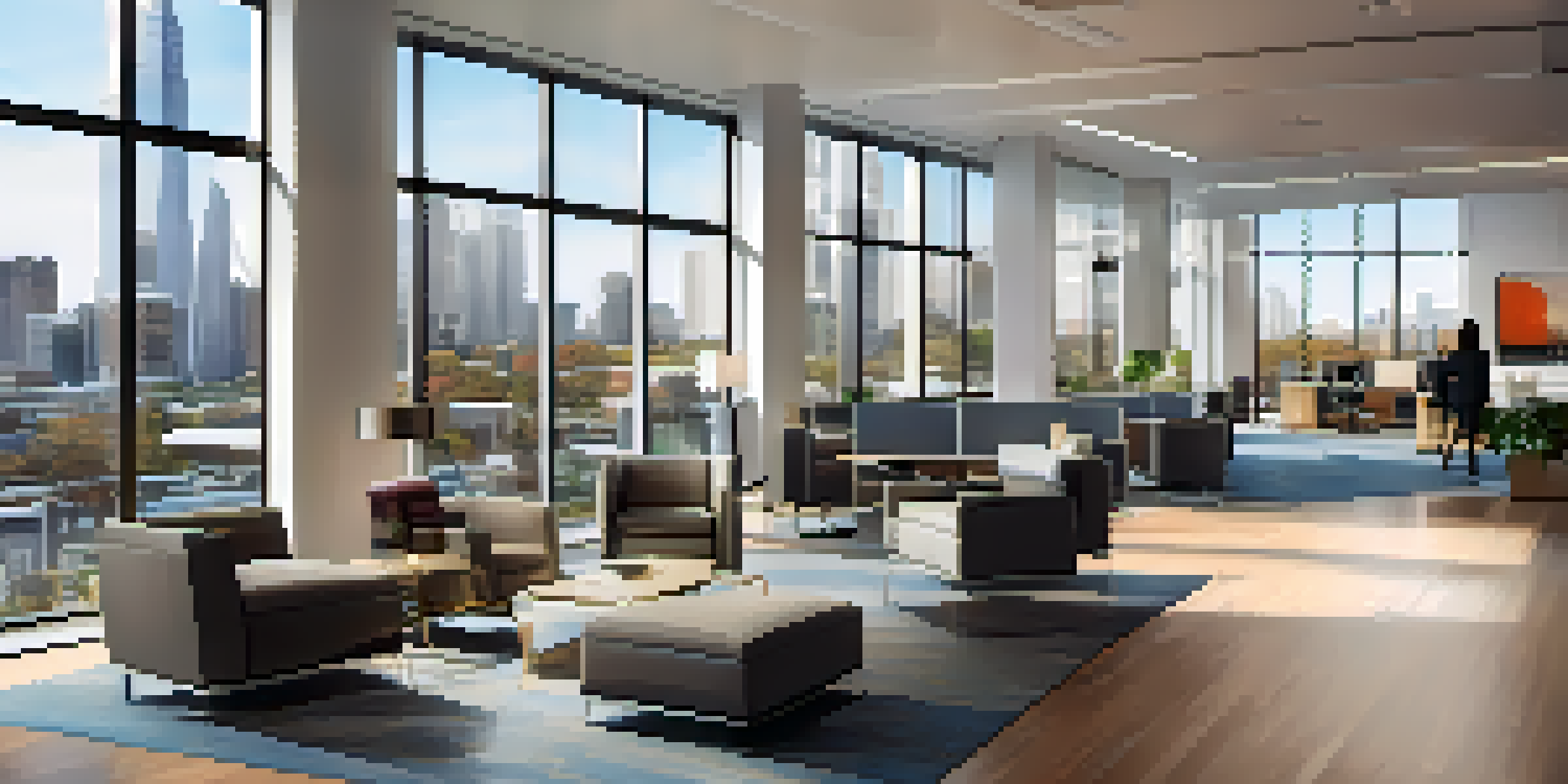 A bright and modern real estate office interior with large glass windows and a view of the city, featuring a reception area and analytical data on a computer screen.