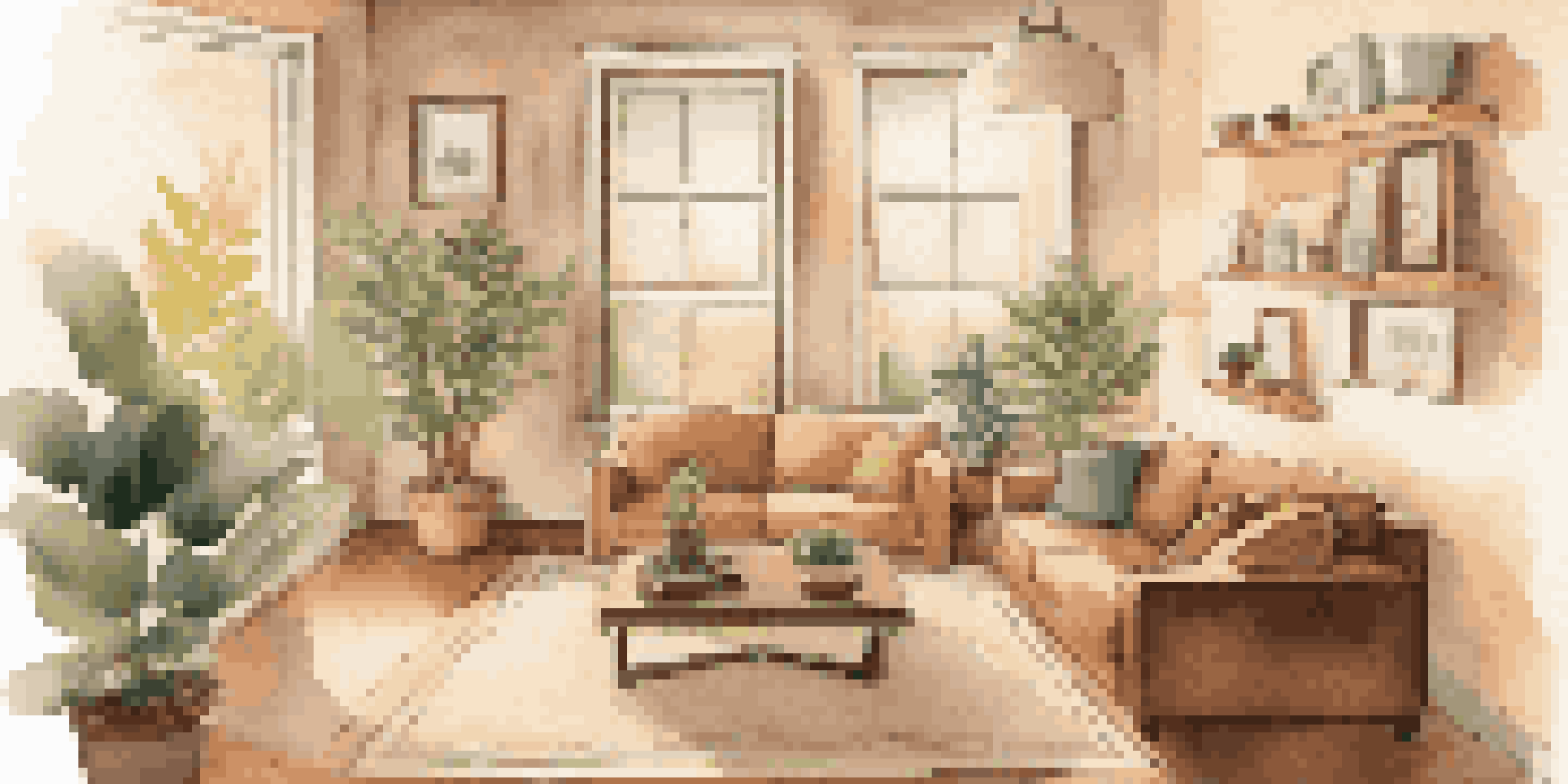 A modern living room with a home security system including a camera and alarm panel, warmly lit and decorated.