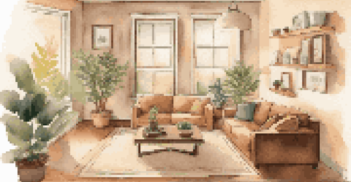 A modern living room with a home security system including a camera and alarm panel, warmly lit and decorated.