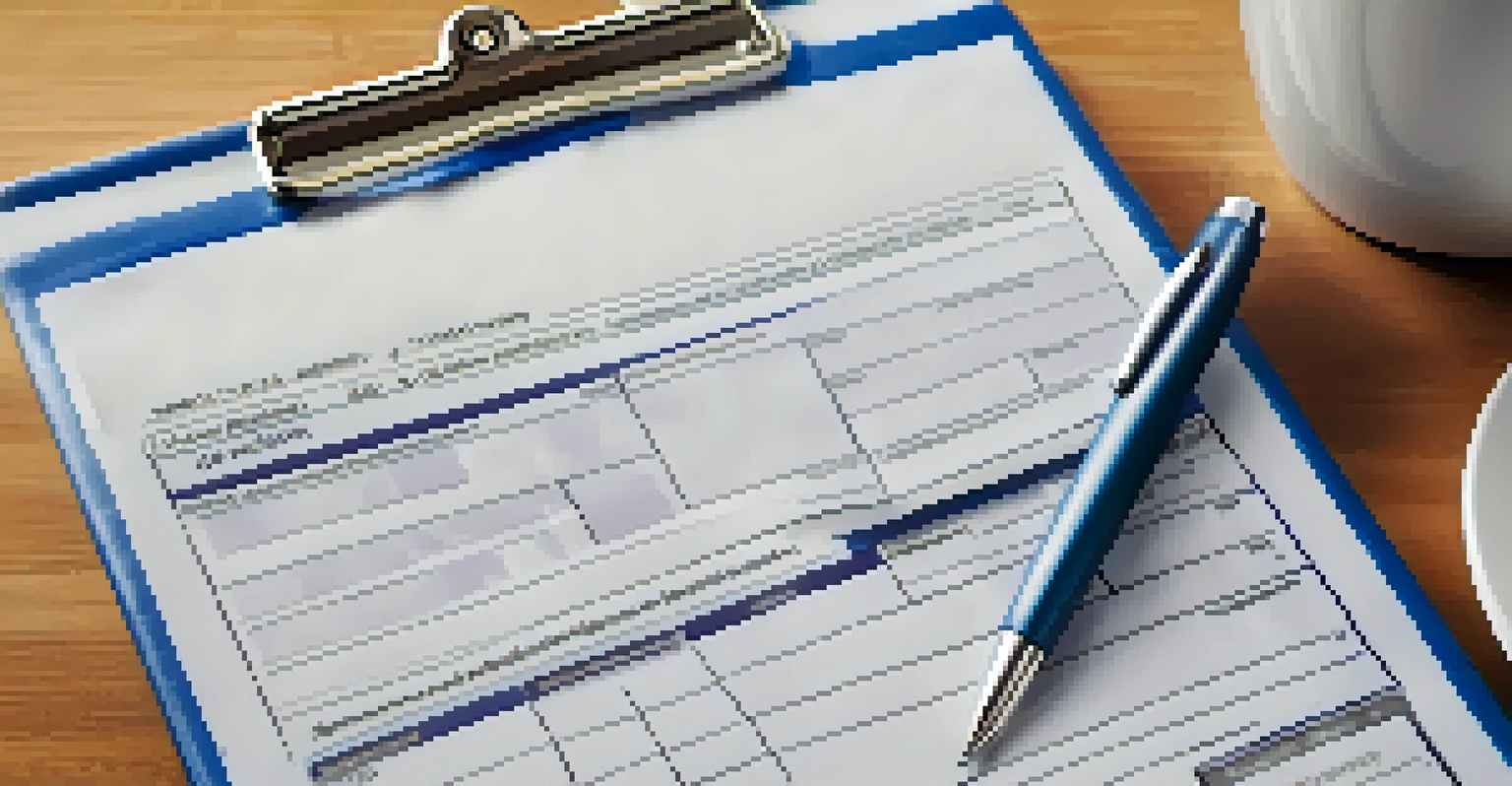 A close-up of a rental application form with a pen, on a desk with a laptop and coffee mug in the background.