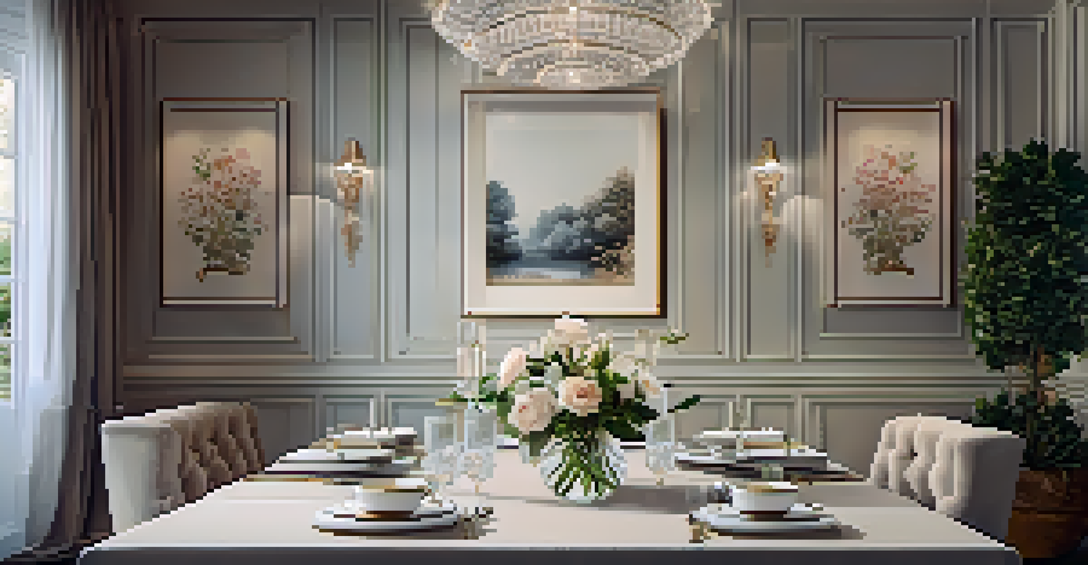 An elegantly decorated dining area with a set table, fine china, and soft lighting, creating an intimate atmosphere.