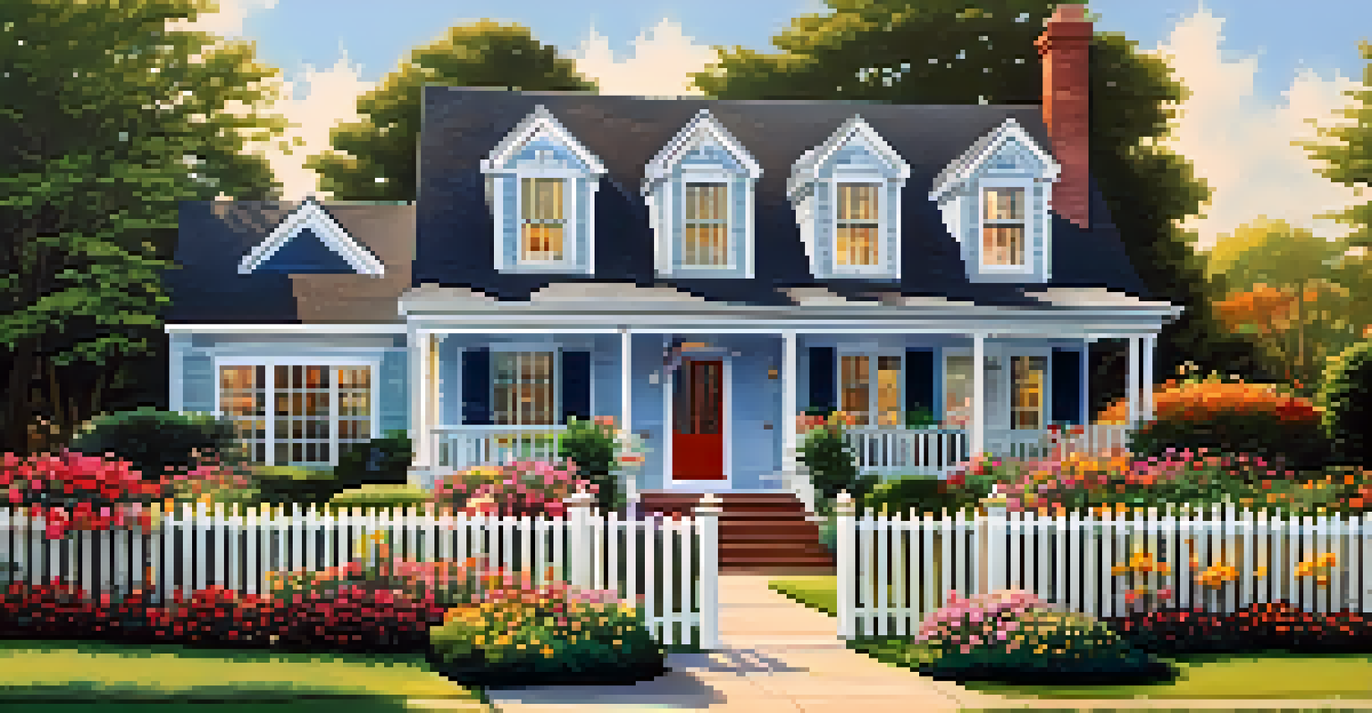 A charming suburban home with a colorful garden and a white picket fence under a clear blue sky.