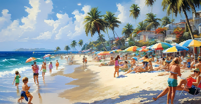 A lively summer beach scene with people relaxing under colorful umbrellas, children playing in the sand, and clear blue skies.