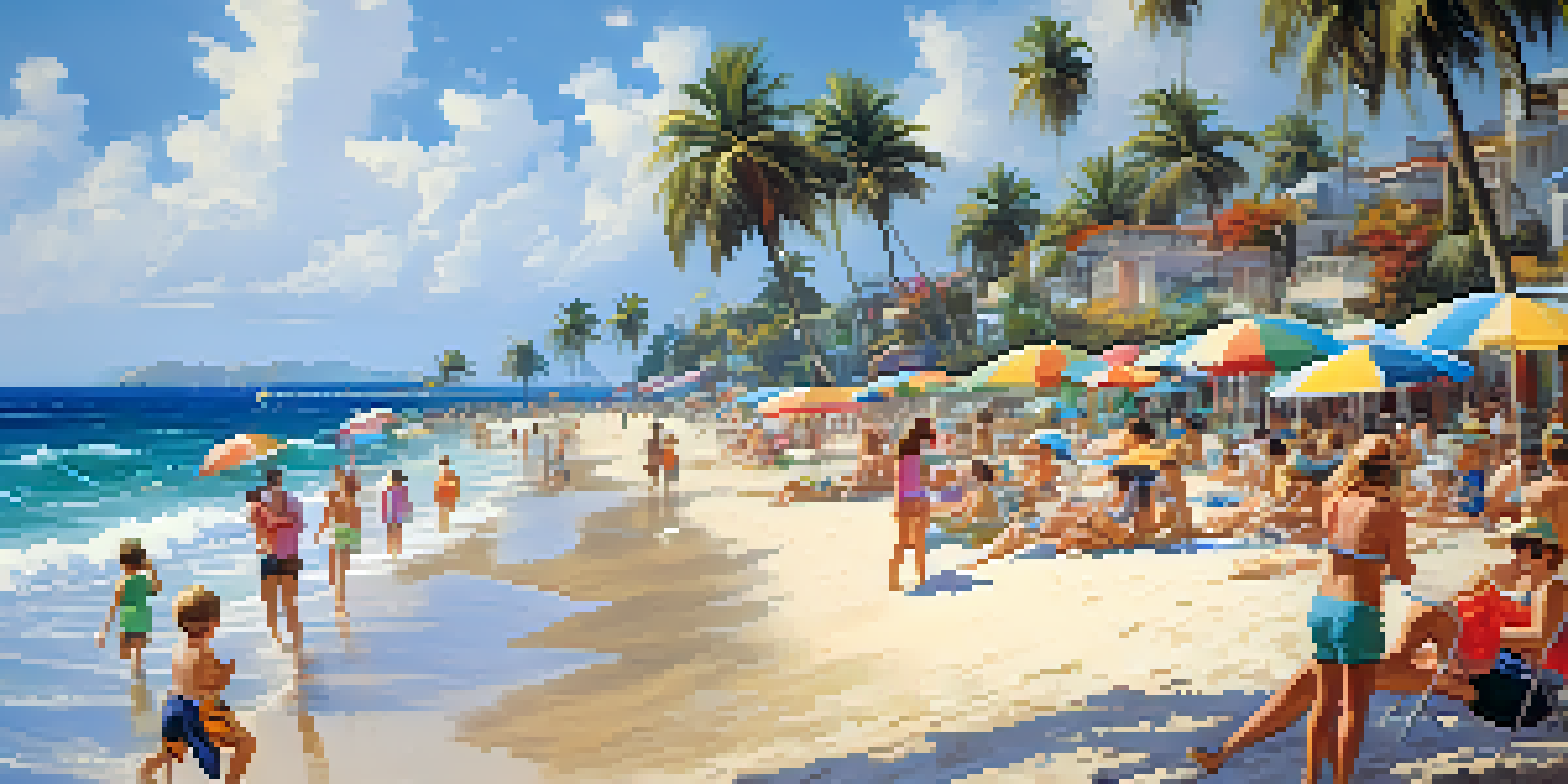 A lively summer beach scene with people relaxing under colorful umbrellas, children playing in the sand, and clear blue skies.