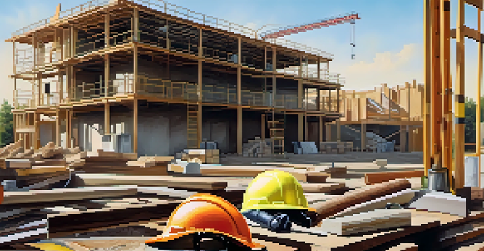 A construction site featuring a partially built house, scaffolding, safety signs, and construction materials under warm afternoon sunlight.