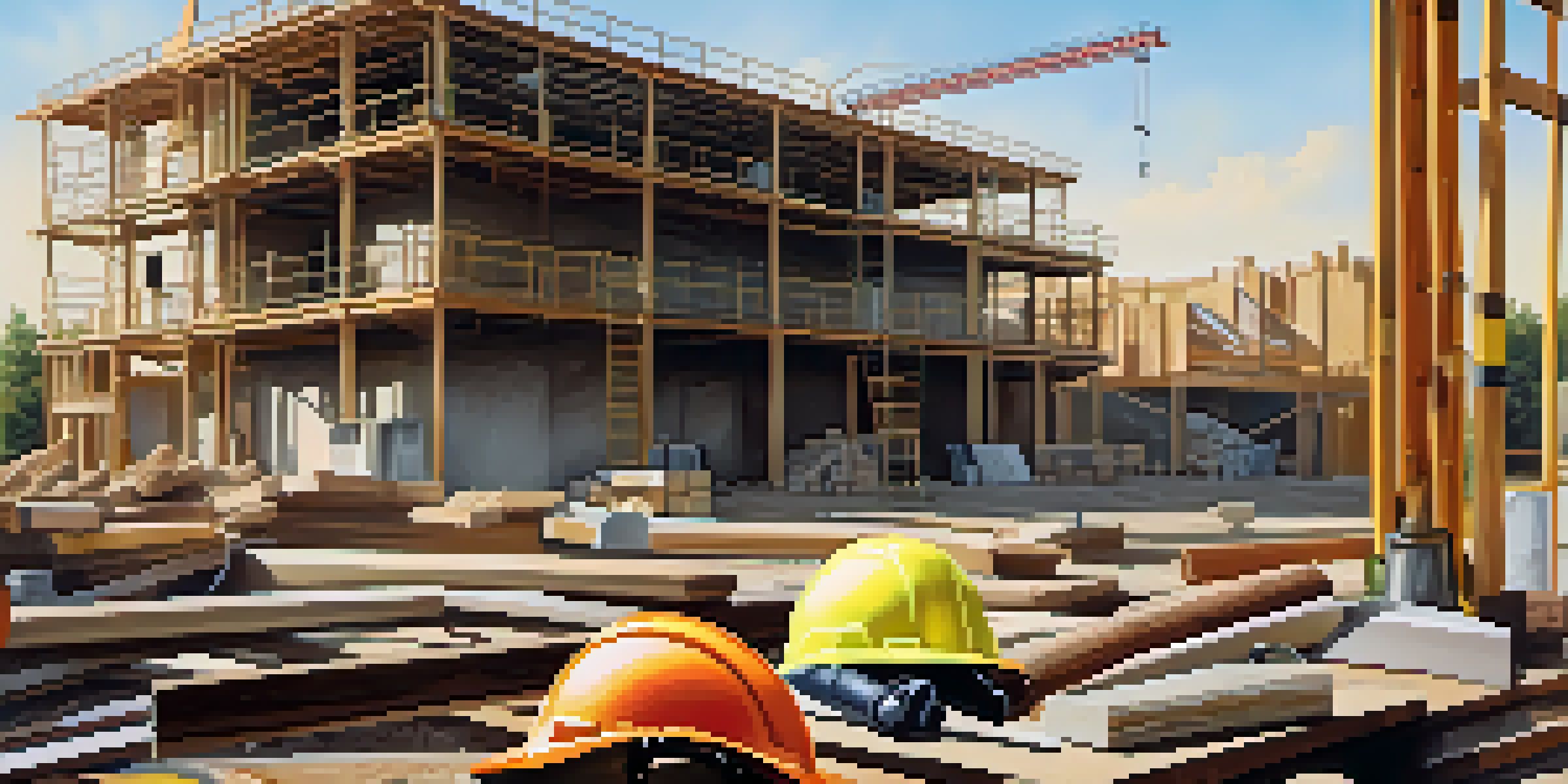 A construction site featuring a partially built house, scaffolding, safety signs, and construction materials under warm afternoon sunlight.