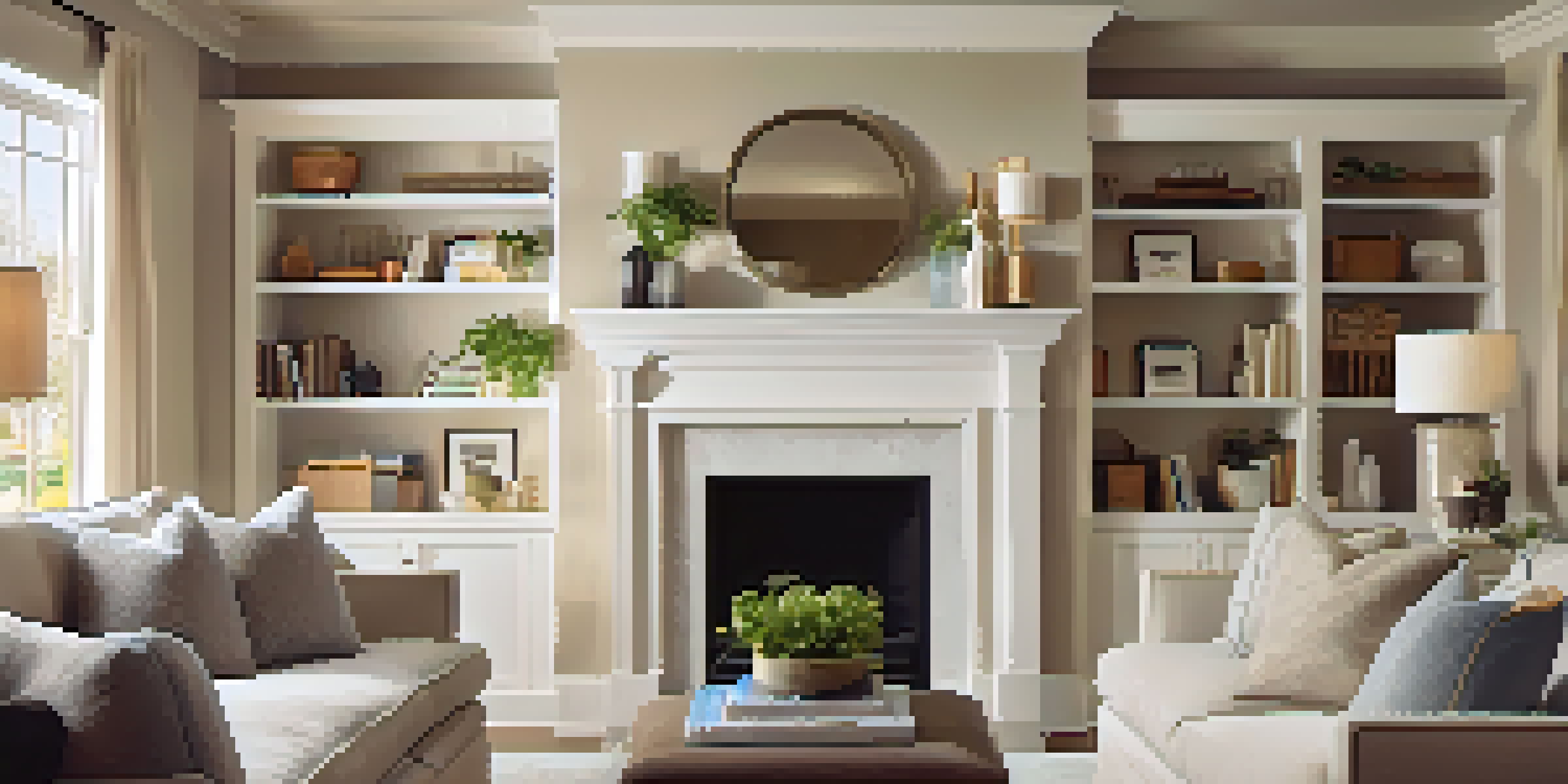 A cozy living room with a fireplace, neutral colors, and sunlight streaming through sheer curtains, showcasing elegant crown molding and tasteful decor.