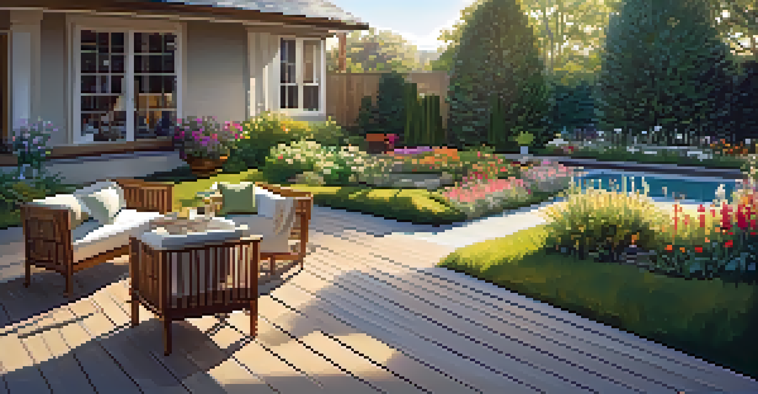 A serene backyard with a manicured lawn, wooden deck, and a garden of colorful flowers, illuminated by golden hour light.