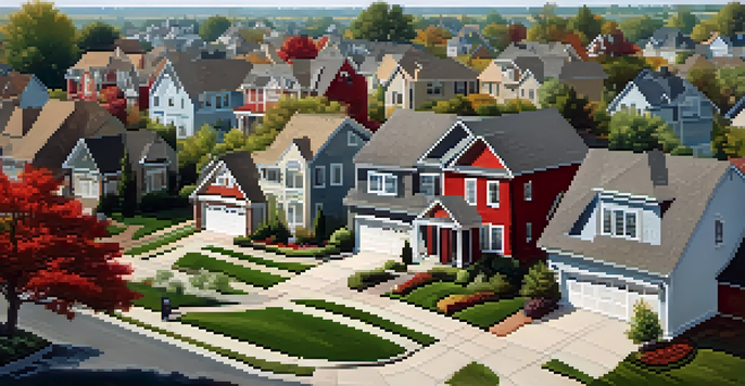 A suburban neighborhood with homes displaying various roof colors, including bright red, cool gray, and earthy tones, under warm afternoon sunlight.