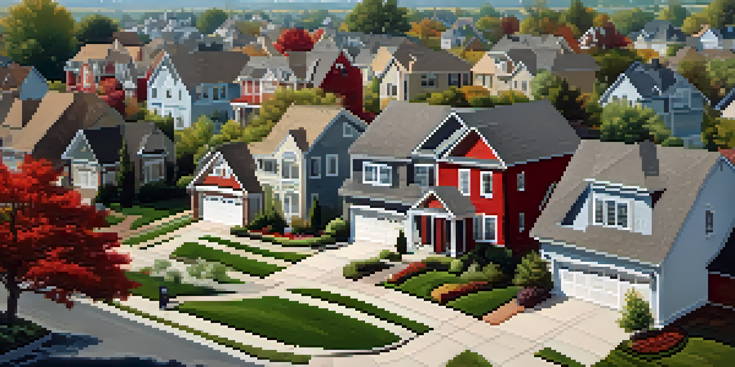 A suburban neighborhood with homes displaying various roof colors, including bright red, cool gray, and earthy tones, under warm afternoon sunlight.