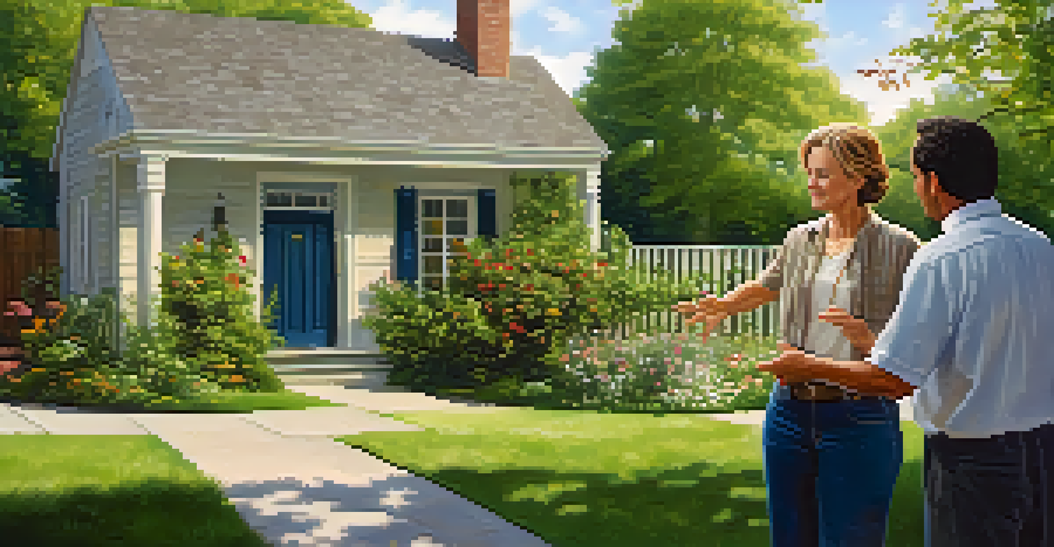 A landlord and tenant engaged in a friendly discussion in a sunny front yard.