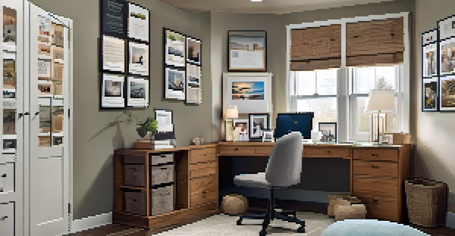 A personalized home office corner with a bulletin board of quotes and organized drawers, featuring a cozy storage ottoman in a warm, inviting light.