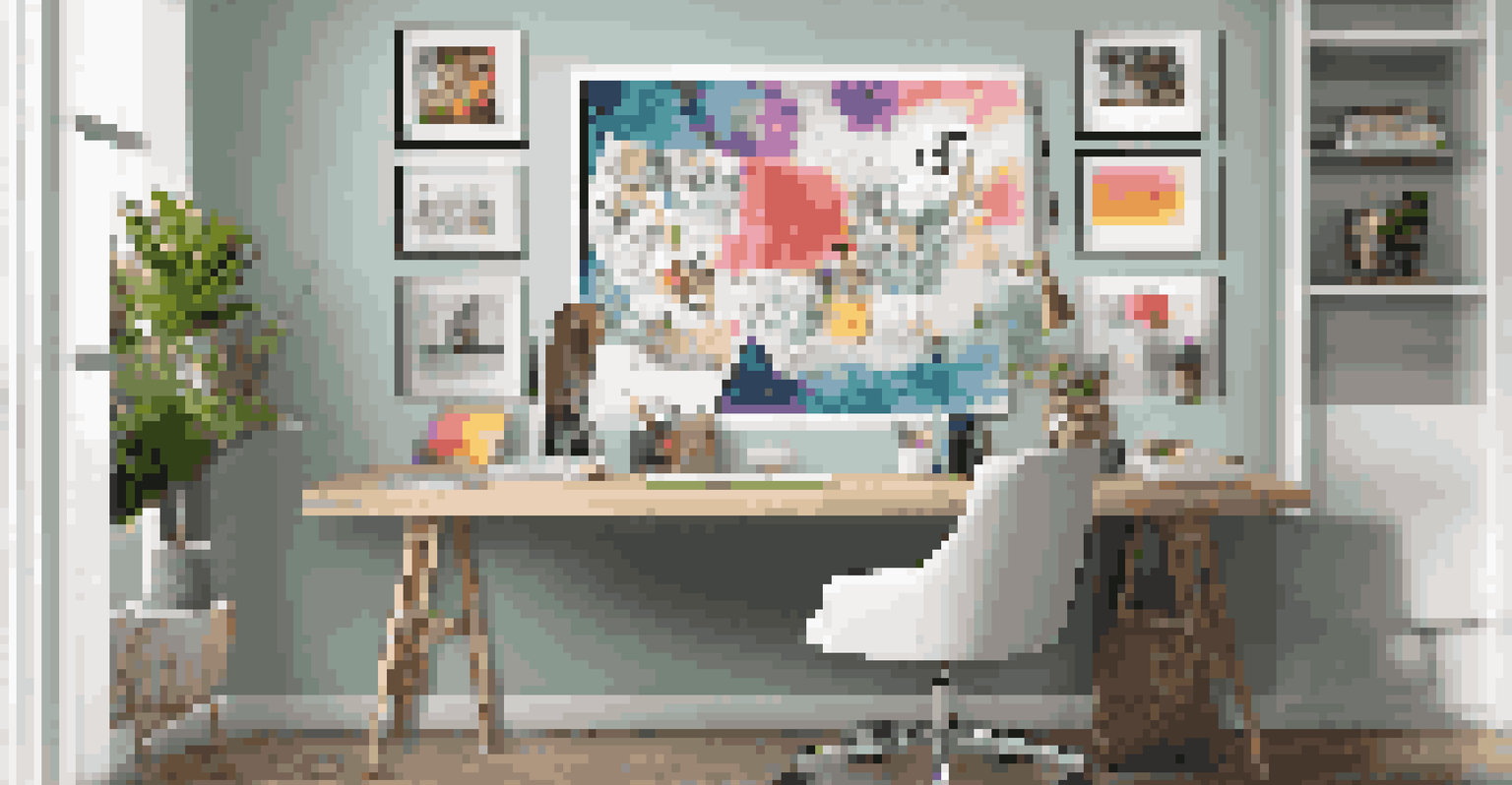 A colorful inspiration board filled with images and quotes, surrounded by a stylish desk and lamp in a modern home office.