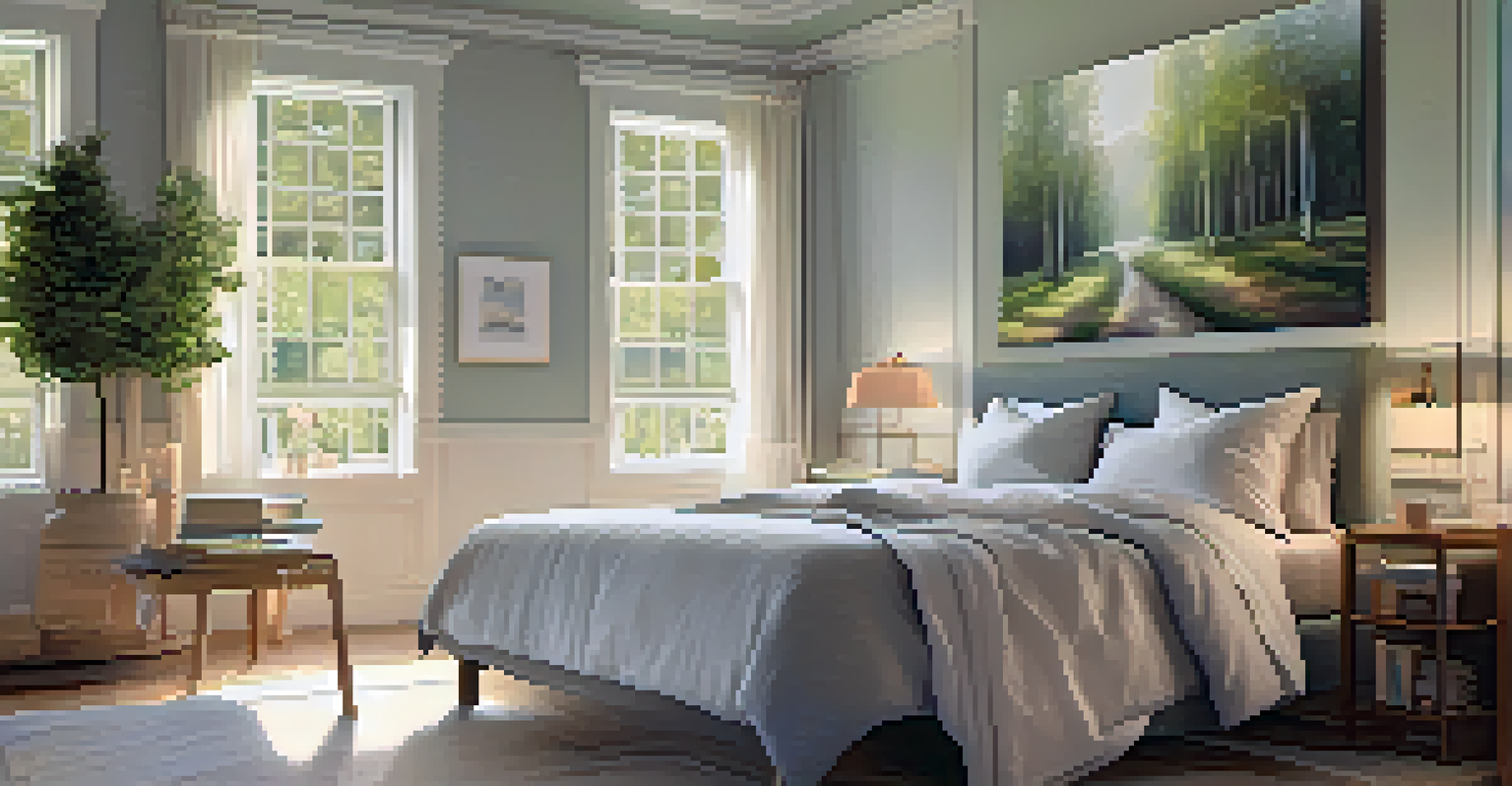 A peaceful bedroom with a neatly made bed, pastel-colored bedding, a bedside table with a lamp, and a large window showing trees outside.