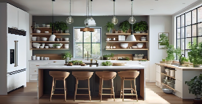 A modern kitchen with an island, white cabinets, and natural light from a window.