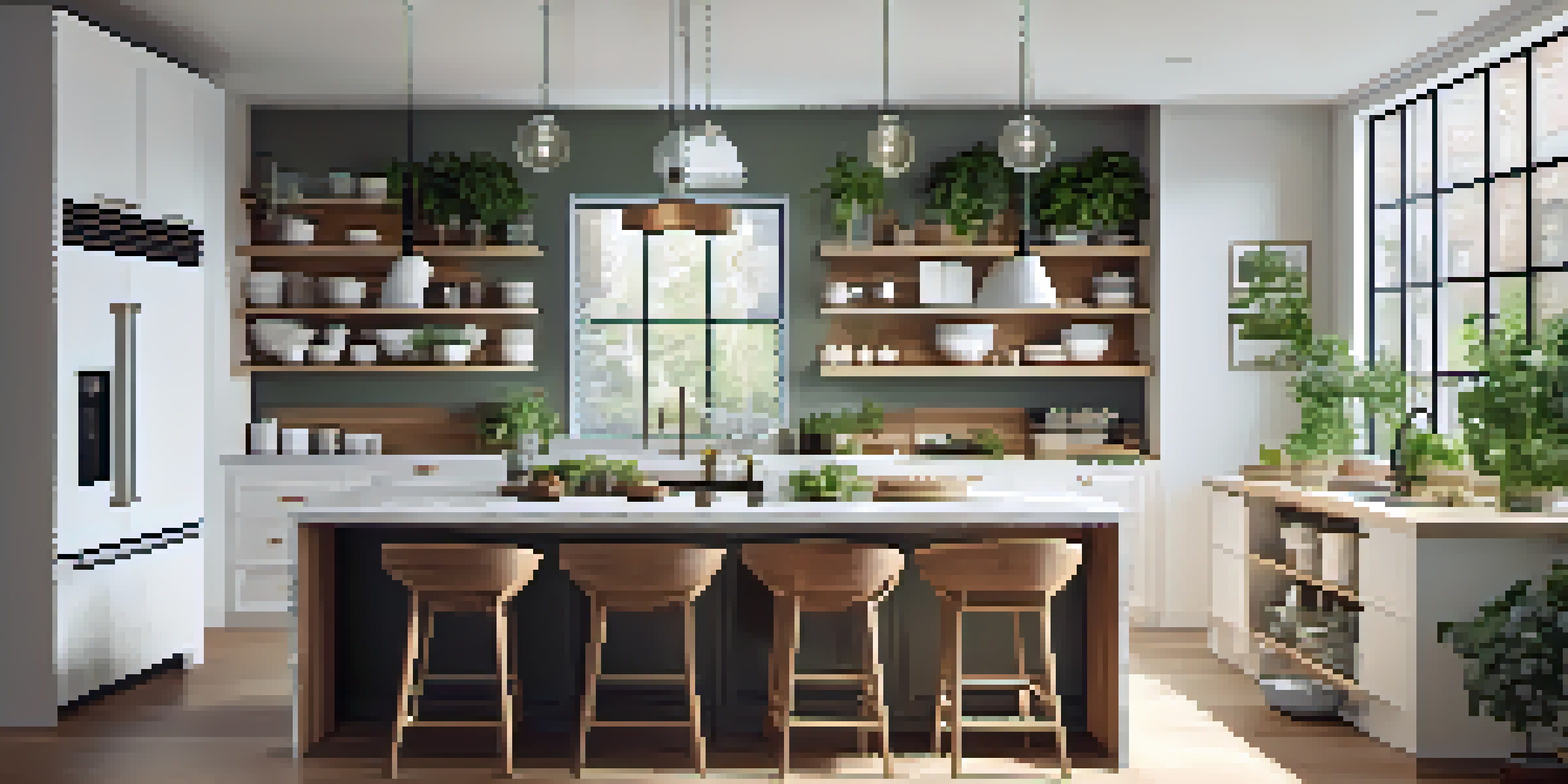 A modern kitchen with an island, white cabinets, and natural light from a window.