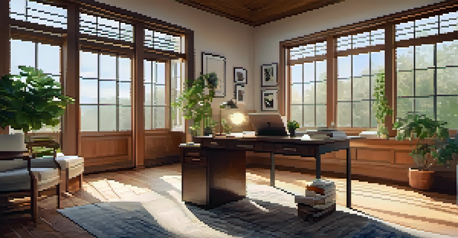 A cozy home office with a wooden desk, laptop, and plants, illuminated by warm sunlight through a window.