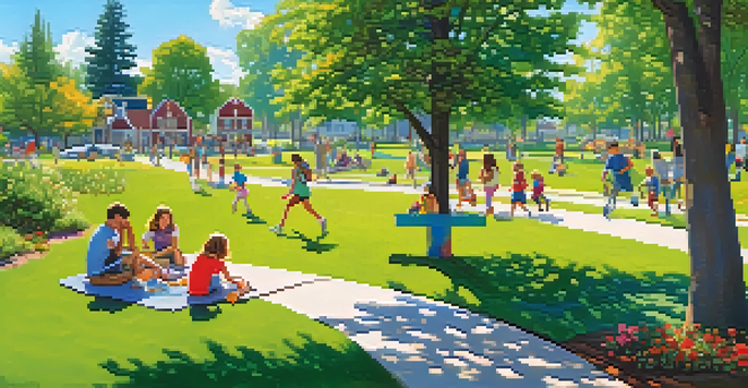 A community park filled with families, children playing, and lush greenery under a blue sky.