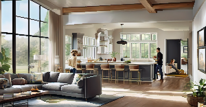 An open-concept living area with a modern kitchen and cozy living room, filled with friends enjoying a gathering.