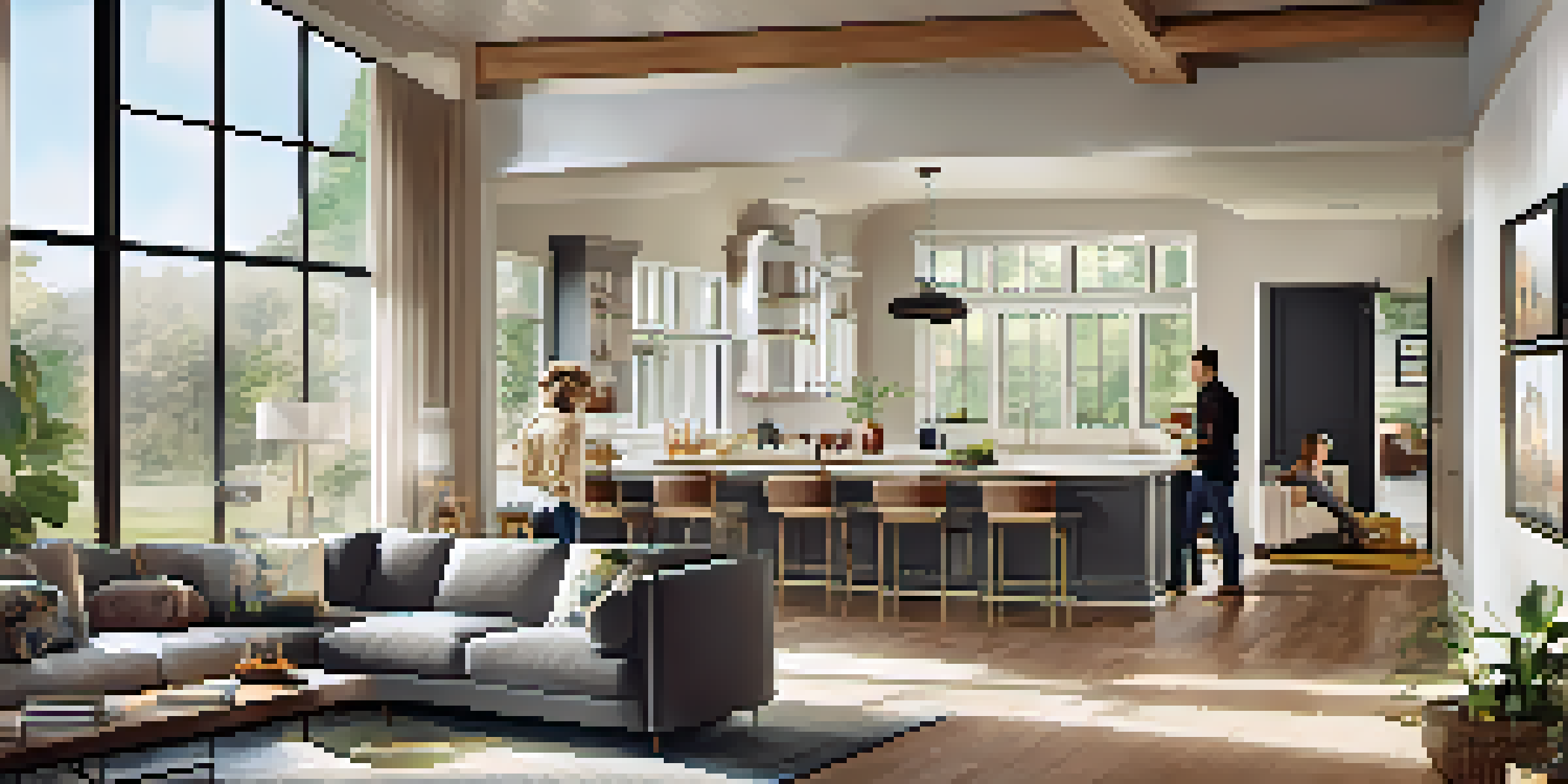 An open-concept living area with a modern kitchen and cozy living room, filled with friends enjoying a gathering.