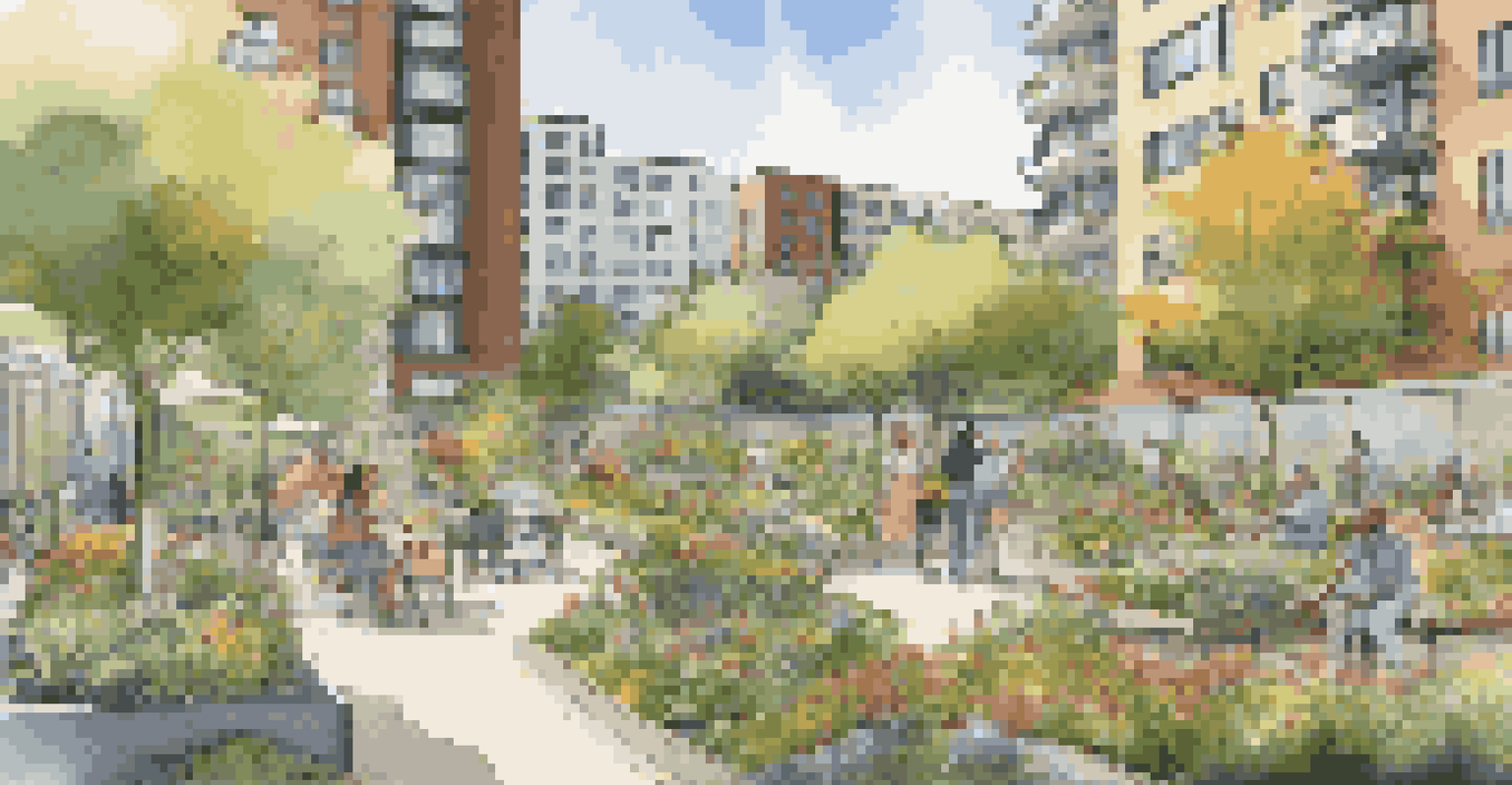 A community garden with residents tending to plants and socializing, surrounded by modern buildings.